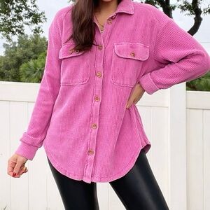 Lelis Collection Waffle Shacket Button Down Pockets Pink Large